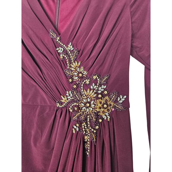 NEW Mac Duggal 6 67848 Long Sleeve Faux Wrap Dress Maxi Formal Beaded Burgundy - Picture 4 of 7